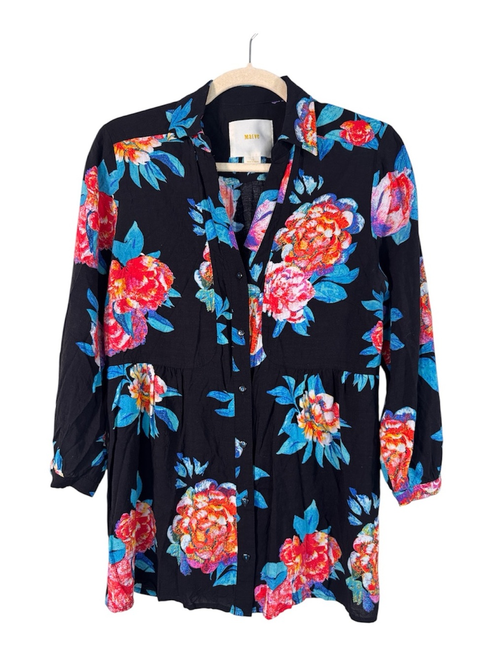 Maeve Black Floral Button Down Shirt Womens 10 Casual Boho Fall Blouse Top